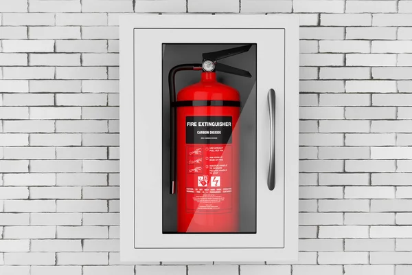 Red Brandblusser Een Muur Gemonteerd Emergency Opbergdoos Voor Bakstenen Muur — Stockfoto