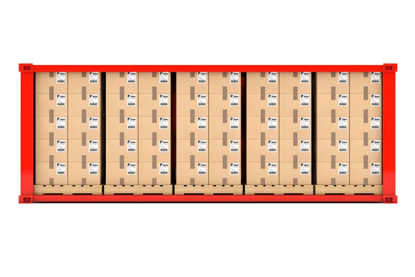 Righe Scatole Cartone Tavolozze Legno Contenitore Spedizione Rosso Con Parete — Foto Stock