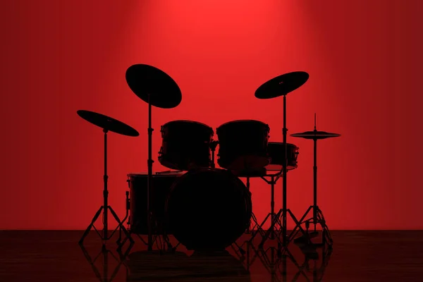 Profesyonel Rock Drum Kit Kırmızı Aydınlatmalı Karanlık Odada Duvar Önünde — Stok fotoğraf
