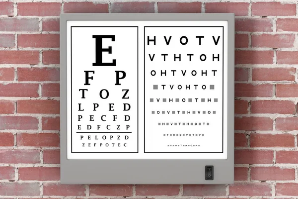 Snellen Eye Chart Test Light Box Front Brick Wall Rendering — Stock Photo, Image