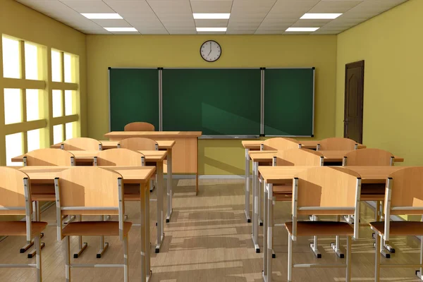 Chalkboard Rows Wooden Lecture School College Desk Tables Modern Classroom — Stock Photo, Image