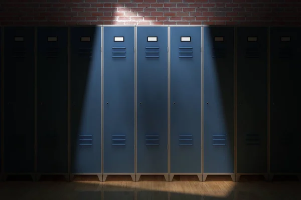 Row of Metal Gym Lockers in Front of Brick Wall extreme closeup. 3d Rendering