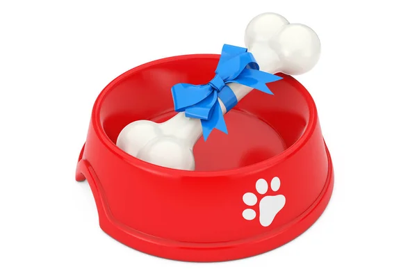 Present Dog Chew Bone Завернутый Синюю Подарочную Ленту Red Plastic — стоковое фото