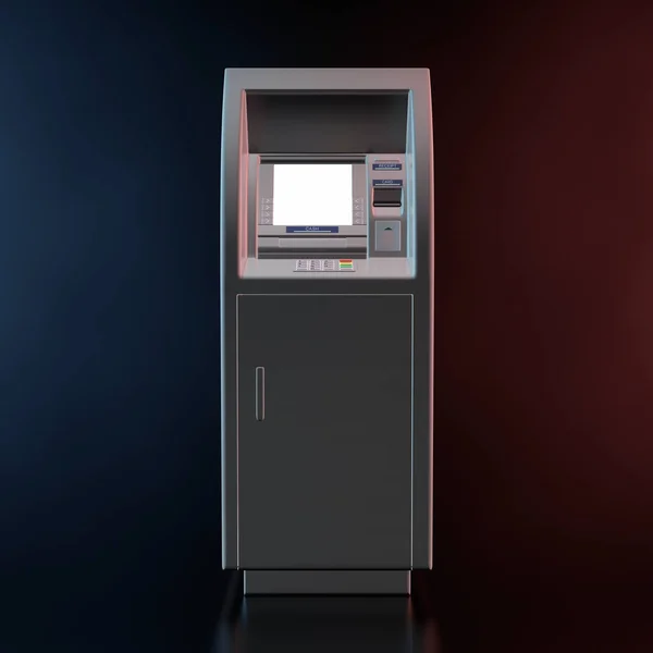 银行现金 Atm 机在彩色容积灯的黑色背景上 — 图库照片