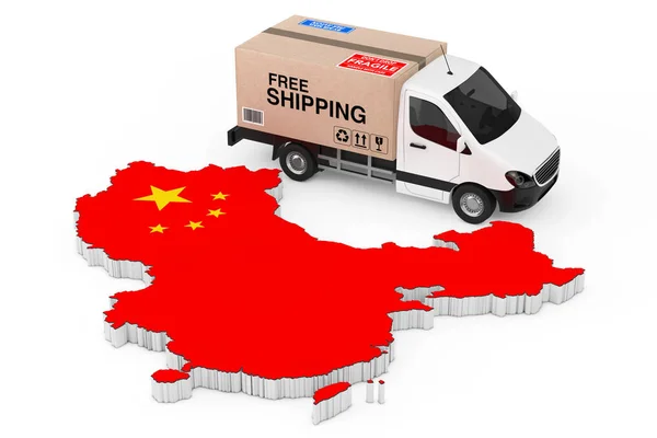 China Logistics Concept. White Commercial Industrial Cargo Delivery Van Truck Loaded with Cardboard Box with Free Shipping Sign near China Map with Flag on a white background. 3d Rendering