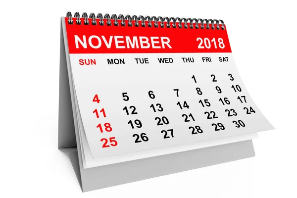 2018年日历 11月日历在白色背景 — 图库照片