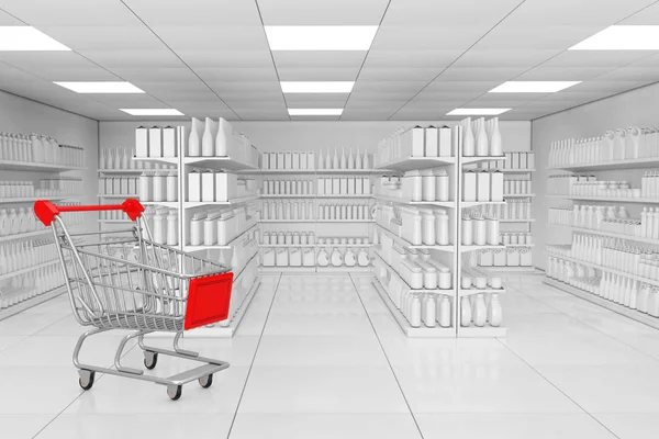 Shopping Cart near Market Shelving Rack with Blank Products or Goods in Clay Style as Supermarket Interior extreme closeup. 3d Rendering.