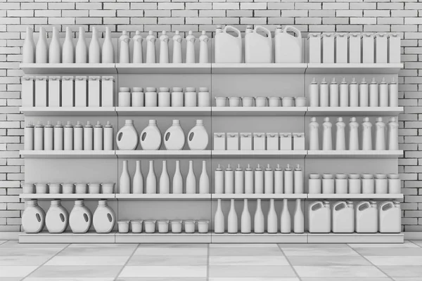 Estantería Supermercado Con Productos Blanco Mercancías Estilo Arcilla Frente Pared — Foto de Stock