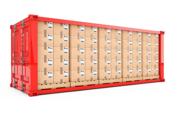 Filas Cajas Cartón Paletas Madera Contenedor Envío Rojo Con Pared — Foto de Stock