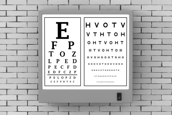 Snellen Eye Chart Test Light Box Delante Pared Ladrillo Renderizado —  Fotos de Stock