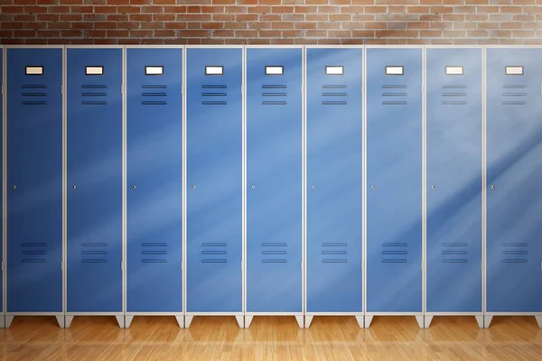 Row of Metal Gym Lockers in Front of Brick Wall extreme closeup. 3d Rendering