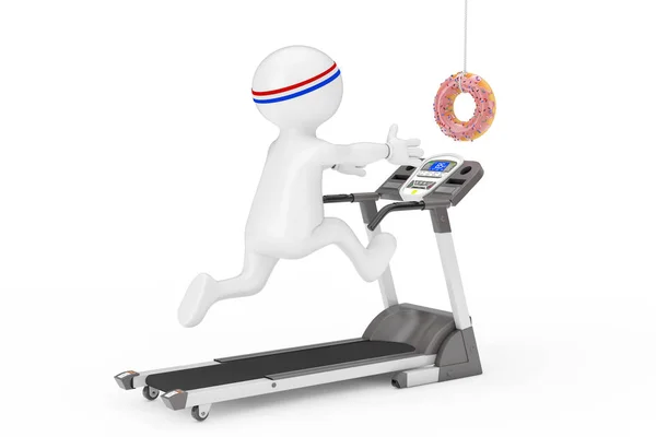 Fitness Concept Persoon Runner Loopt Langs Loopband Bereikt Voor Donut — Stockfoto