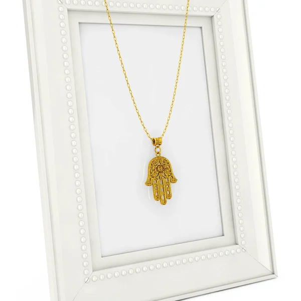 Golden Hamsa Mano Fatima Amuleto Coulomb Cornice Fotografica Vuota Sfondo — Foto Stock