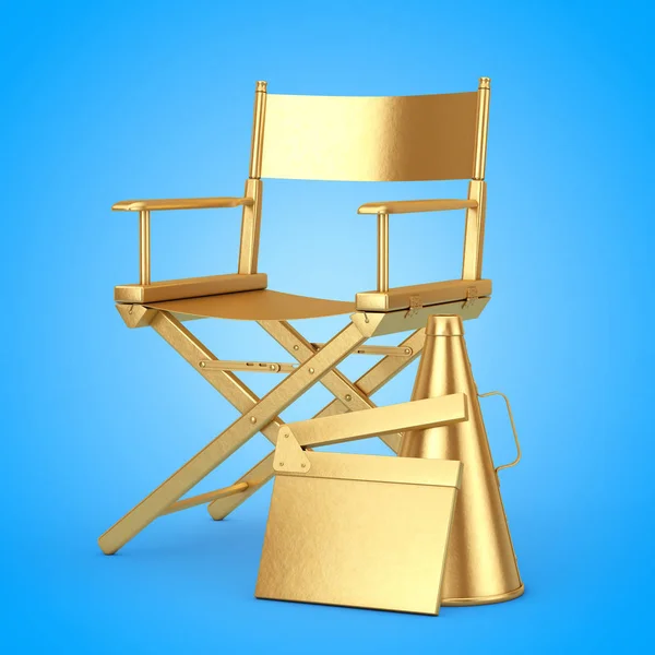 Golden Director Chair, Movie Clapper and Megaphone on a blue background. 3d Rendering