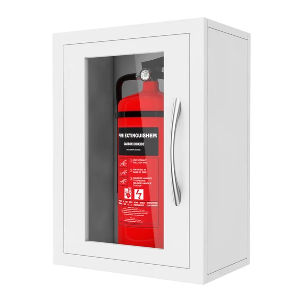 Red Brandblusser Een Muur Gemonteerd Emergency Opbergdoos Een Witte Achtergrond — Stockfoto