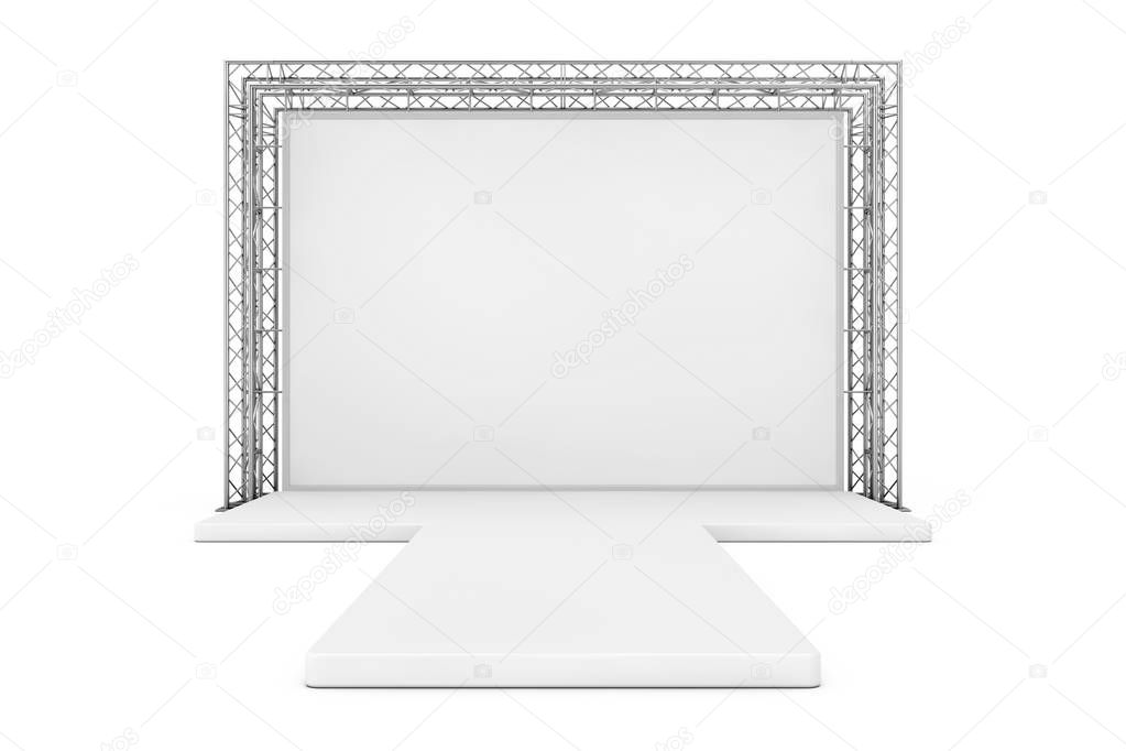 Blank Advertising Outdoor Banner on Metal Truss Construction System with Empty Podium on a white background. 3d Rendering