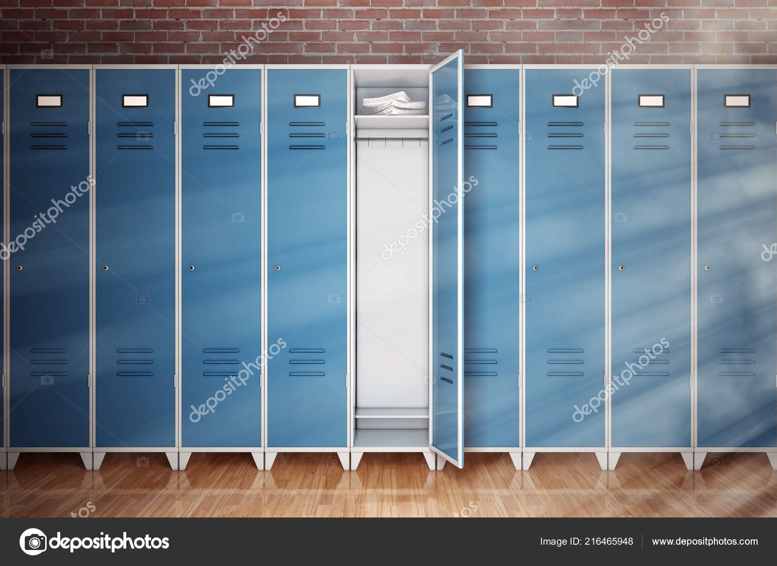 Fila Armarios Gimnasio Metal Frente Pared Ladrillo Primer Plano Extremo —  Foto de stock #216465948 © doomu, image size:1600x1167