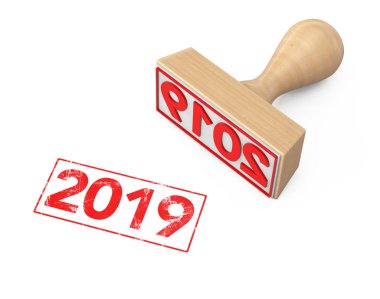 Beyaz bir arka plan üzerinde 2019 yeni yıl işareti olan ahşap pencere boyutu. 3D render