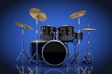 Profesyonel Rock siyah Drum Kit mavi bir arka plan üzerinde. 3D render