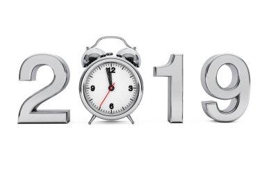 Yeni yıl 2019 kavramı. 2019 çelik işareti çalar saat üzerinde beyaz bir arka plan ile. 3D render