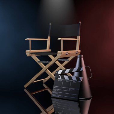 Yönetmen koltuğu, film Clapper ve megafon siyah bir arka plan rengi hacimsel ışık. 3D render