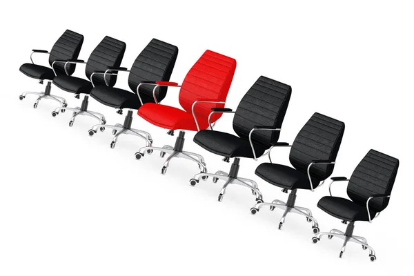 Kırmızı Deri Patron Ofis Sandalye Arasında Diğer Siyah Koltukları Beyaz — Stok fotoğraf