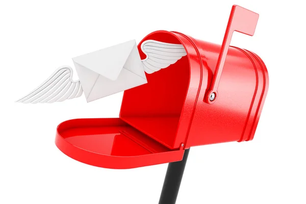 Lettre Enveloppe Blanche Avec Wing Flying Red Mailbox Sur Fond — Photo