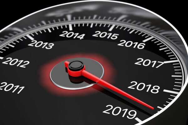 Conceptual 2019 New Year Speedometer on a black background. 3d Rendering