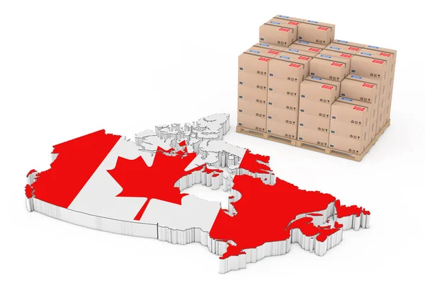 Canada Logistics Concept Cardboard Boxes Wooden Palette Canada Map Flag — Stock Photo, Image