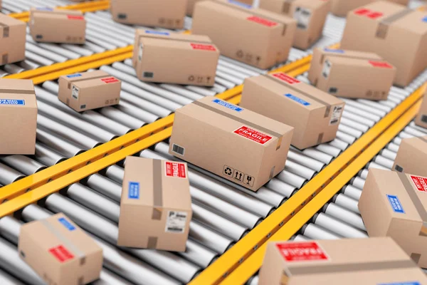 Many Parcel Cardboard Boxes Roller Conveyor Lines Extreme Closeup Rendering — Stock Photo, Image