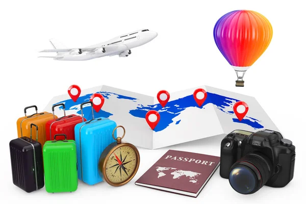 Conceito Viagem Avião Com Balão Quente Sobre Mapa Mundo Com — Fotografia de Stock