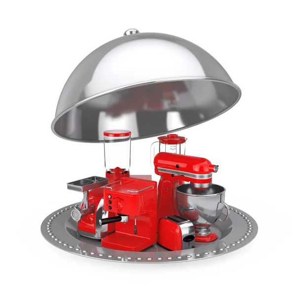 Konyhai Berendezések Beállítása Turmixgép Piros Kenyérpirító Kávéfőző Hús Ginder Élelmiszer — Stock Fotó