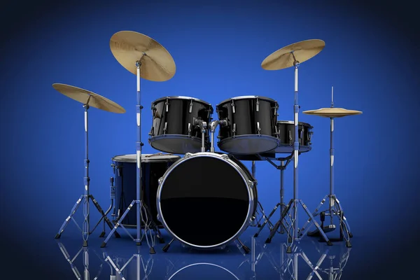 Professionelles Rockschwarzes Schlagzeug Auf Blauem Hintergrund Darstellung — Stockfoto