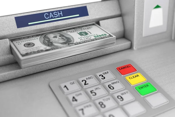 Atm Maszyna Wycofania Banknotów Dolara Skrajny Zbliżenie Renderowania — Zdjęcie stockowe