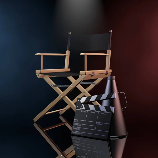 Director Chair, Movie Clapper and Megaphone in the Color Volumetric Light on a black background. 3d Rendering