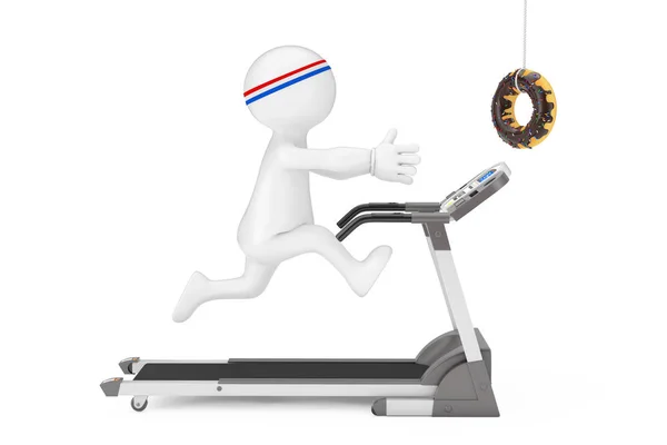 健身理念 人赛跑者跑沿跑步机并且到达在白色背景的甜甜圈 — 图库照片