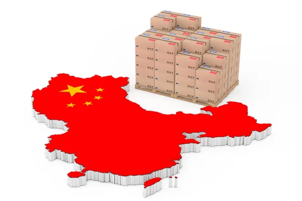 China Logistics Concept Cardboard Boxes Wooden Palette China Map Flag — Stock Photo, Image