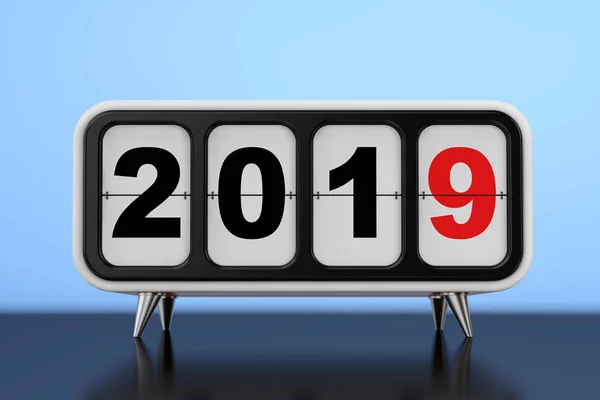 Retro Flip Clock 2019 New Year Sign Blue Background Rendering — Stock Photo, Image