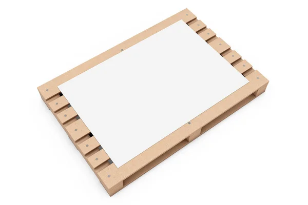 Carta Pubblicitaria Bianca Mockup Euro Pallet Legno Sfondo Bianco Rendering — Foto Stock