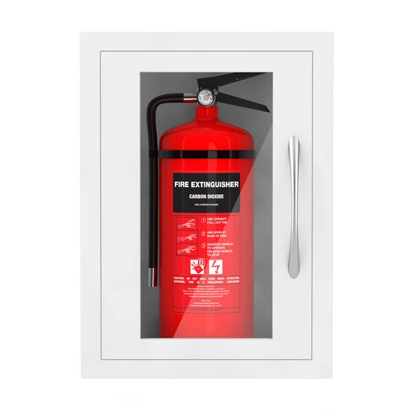Roter Feuerlöscher Einem Der Wand Montierten Notaufbewahrungskasten Auf Weißem Hintergrund — Stockfoto