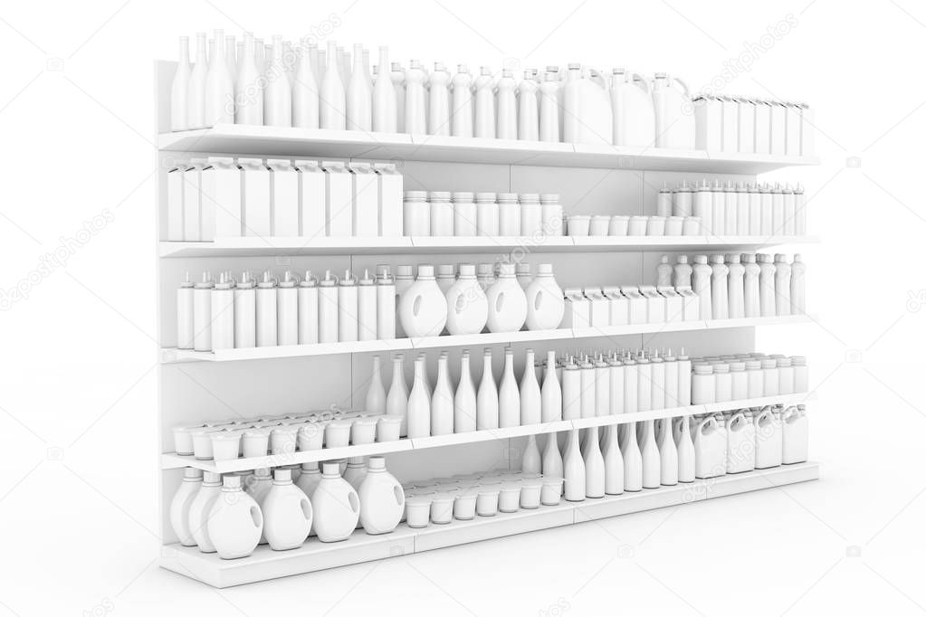 Supermarket Shelving Rack with Blank Products or Goods in Clay Style on a white background. 3d Rendering. 