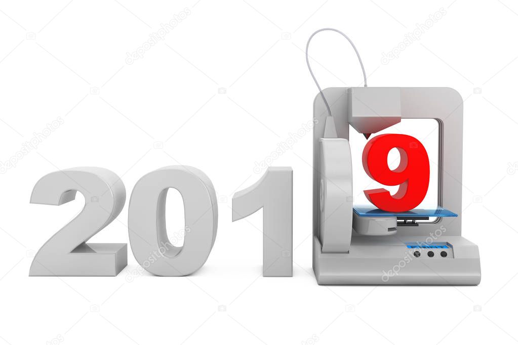 Modern Home 3d printer print New 2019 Year Sign on a white background. 3d Rendering