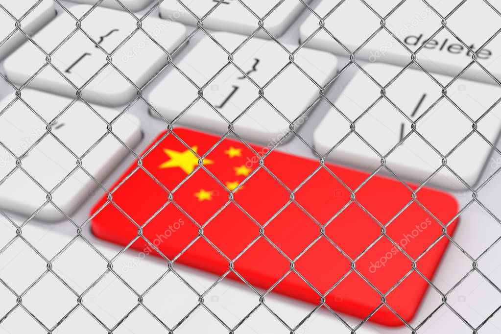 Key with China Flag on White PC Keyboard behind the Chain Link Fence extreme closeup. 3d Rendering