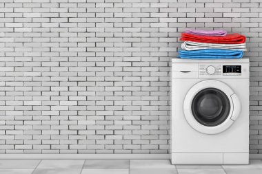 Elbise üzerinde Modern çamaşır makinesi yığını tuğla duvar önünde. 3D render