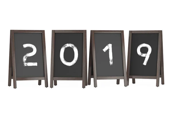 Wooden Menu Blackboard Outdoor Displays 2019 Year Sign White Background — Stock Photo, Image