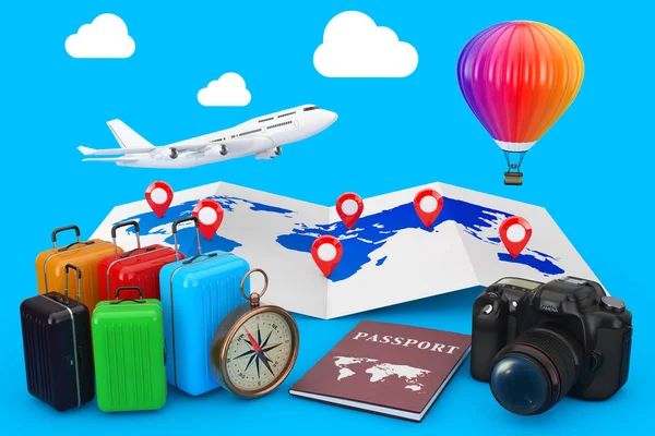 Conceito Viagem Avião Com Balão Quente Sobre Mapa Mundo Com — Fotografia de Stock