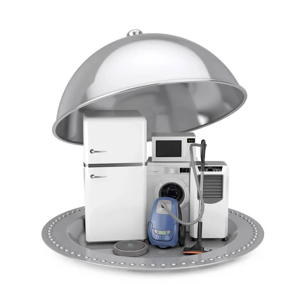 Silver Restaurant Cloche Household Appliances Set White Background Rendering — Stock Photo, Image