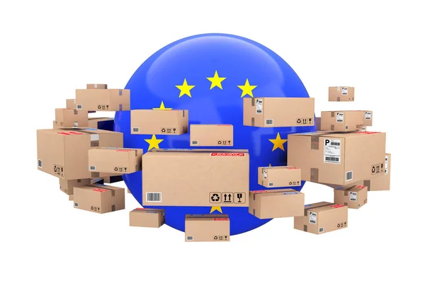 Global Shipping and Logistic Concept. Sphere with European Union Flag Surrounded by Cardboard Boxes with Parcel Goods on a white background. 3d Rendering.