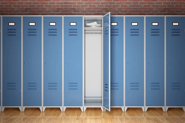 Row Metal Gym Lockers Front Brick Wall Extreme Closeup Rendering — Stock Photo, Image