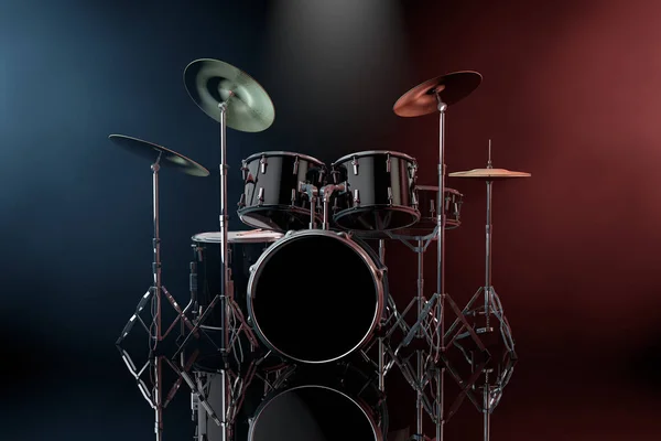 专业的摇滚黑鼓套件 在彩色的空间光上黑色的背景 — 图库照片